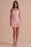 Pink Floral Sparkly Beaded Strapless Short Cocktail Dress