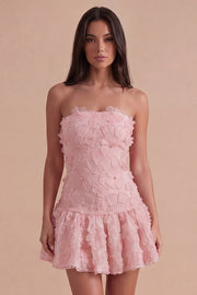 Pink Floral Sparkly Beaded Strapless Short Cocktail Dress