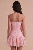 Pink Floral Sparkly Beaded Strapless Short Cocktail Dress