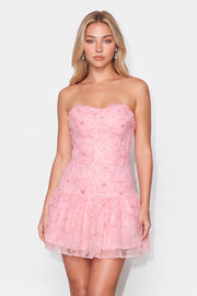 Pink Floral Sparkly Beaded Strapless Short Cocktail Dress