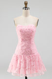 Pink Floral Sparkly Beaded Strapless Short Cocktail Dress