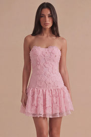Pink Floral Sparkly Beaded Strapless Short Cocktail Dress