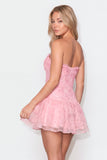 Pink Floral Sparkly Beaded Strapless Short Cocktail Dress