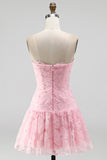 Pink Floral Sparkly Beaded Strapless Short Cocktail Dress