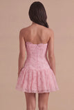 Pink Floral Sparkly Beaded Strapless Short Cocktail Dress