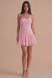Pink Floral Sparkly Beaded Strapless Short Cocktail Dress