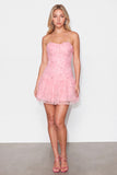 Pink Floral Sparkly Beaded Strapless Short Cocktail Dress