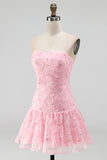 Pink Floral Sparkly Beaded Strapless Short Cocktail Dress