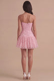 Pink Floral Sparkly Beaded Strapless Short Cocktail Dress