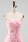Pink Floral Sparkly Beaded Strapless Short Cocktail Dress