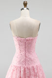 Pink Floral Sparkly Beaded Strapless Short Cocktail Dress