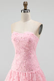 Pink Floral Sparkly Beaded Strapless Short Cocktail Dress