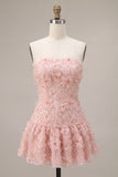 Pink Floral Sparkly Beaded Strapless Short Cocktail Dress