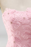 Pink Floral Sparkly Beaded Strapless Short Cocktail Dress