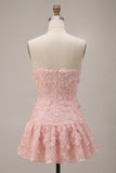 Pink Floral Sparkly Beaded Strapless Short Cocktail Dress