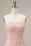 Pink Floral Sparkly Beaded Strapless Short Cocktail Dress
