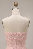 Pink Floral Sparkly Beaded Strapless Short Cocktail Dress