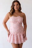 Pink Floral Sparkly Beaded Strapless Short Cocktail Dress
