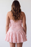 Pink Floral Sparkly Beaded Strapless Short Cocktail Dress