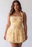 Yellow Floral Corset Embroidery Halter Short Cocktail Dress