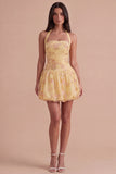 Yellow Floral Corset Embroidery Halter Short Cocktail Dress