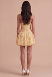 Yellow Floral Corset Embroidery Halter Short Cocktail Dress