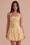 Yellow Floral Corset Embroidery Halter Short Cocktail Dress