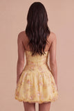 Yellow Floral Corset Embroidery Halter Short Cocktail Dress