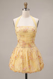 Yellow Floral Corset Embroidery Halter Short Cocktail Dress