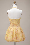 Yellow Floral Corset Embroidery Halter Short Cocktail Dress