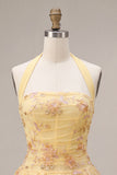 Yellow Floral Corset Embroidery Halter Short Cocktail Dress
