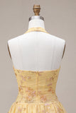 Yellow Floral Corset Embroidery Halter Short Cocktail Dress