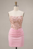 Pink Sparkly Corset Short Cocktail Dress with Rhinestones