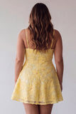 Yellow Floral Sparkly Beaded Short Cocktail Dress