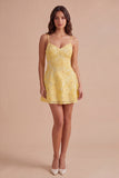 Yellow Floral Sparkly Beaded Short Cocktail Dress