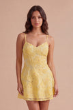 Yellow Floral Sparkly Beaded Short Cocktail Dress