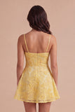 Yellow Floral Sparkly Beaded Short Cocktail Dress