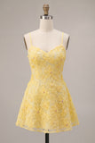 Yellow Floral Sparkly Beaded Short Cocktail Dress