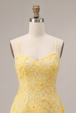Yellow Floral Sparkly Beaded Short Cocktail Dress