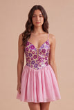 Floral Pink Sparkly Sequin Short Cocktail Dress
