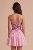 Floral Pink Sparkly Sequin Short Cocktail Dress