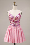 Floral Pink Sparkly Sequin Short Cocktail Dress
