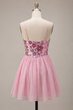 Floral Pink Sparkly Sequin Short Cocktail Dress