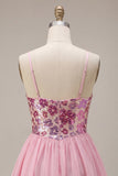Floral Pink Sparkly Sequin Short Cocktail Dress