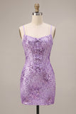Sparkly Floral Plum Sequin Bodycon Short Corset Cocktail Dress