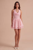 Floral Jacquard Pink Corset Ruffled Halter Short Cocktail Dress