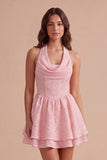 Floral Jacquard Pink Corset Ruffled Halter Short Cocktail Dress