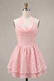Floral Jacquard Pink Corset Ruffled Halter Short Cocktail Dress