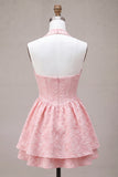 Floral Jacquard Pink Corset Ruffled Halter Short Cocktail Dress