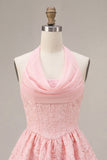 Floral Jacquard Pink Corset Ruffled Halter Short Cocktail Dress